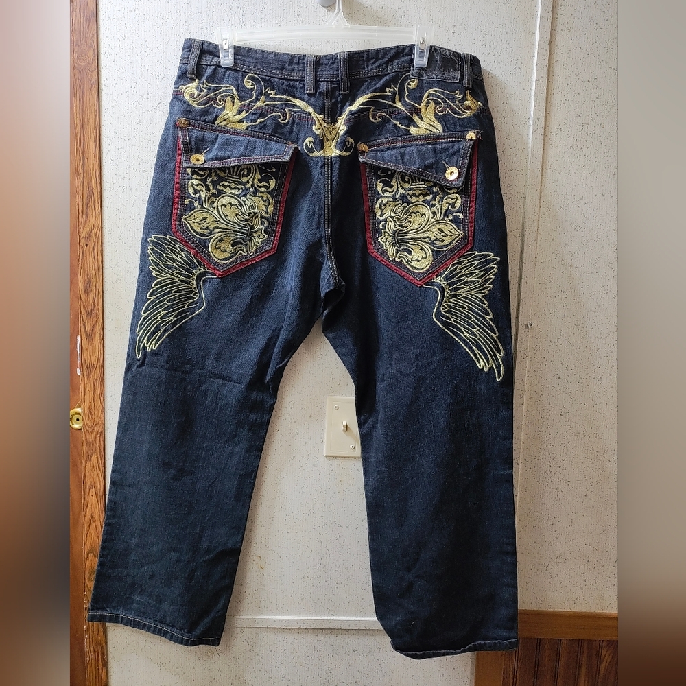 Vintage Clench Jeans Kanji Dragon Embroidery 42x32" Baggy Affliction Style 90s